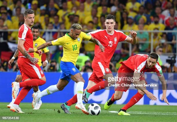 Nikola Milenkovic of Serbia and Neymar of Brazil compete for the ball during the 2018 FIFA World Cup Russia group E match between Serbia and Brazil...