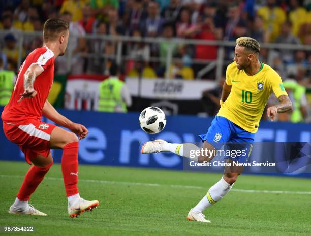 Neymar of Brazil drives the ball during the 2018 FIFA World Cup Russia group E match between Serbia and Brazil at Spartak Stadium on June 27, 2018 in...