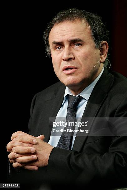 Nouriel Roubini, professor at New York University's Stern School of Business, speaks during the Milken Institute Global Conference in Los Angeles,...