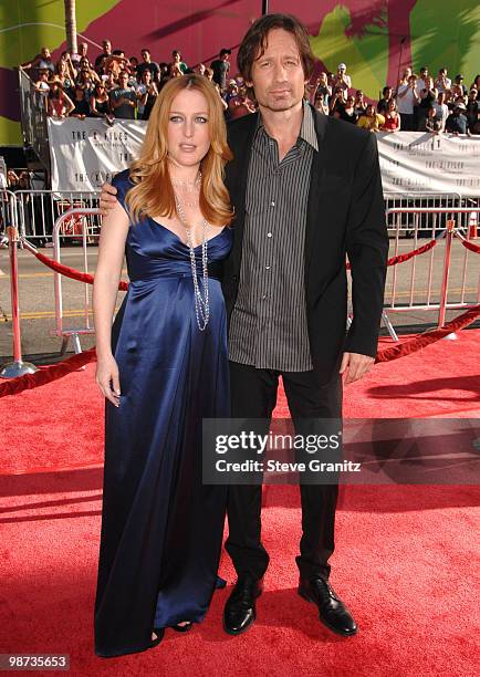 Gillian Anderson and David Duchovny at the Mann's Grauman Chinese Theatre on July 23, 2008 in Hollywood, California.