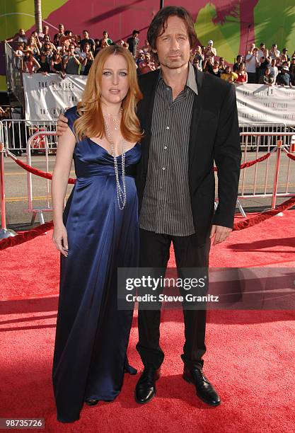 Gillian Anderson and David Duchovny at the Mann's Grauman Chinese Theatre on July 23, 2008 in Hollywood, California.