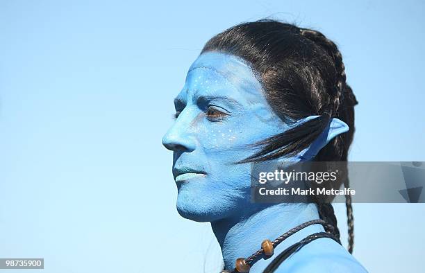 Model dressed up as a character from the film 'Avatar' poses during the launch of "AVATAR" Blu-ray and DVD at Sydney Domestic Airport on April 29,...