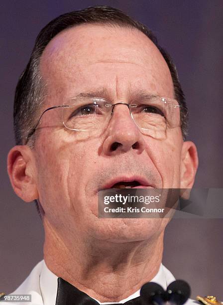 Navy Admiral Mike Mullen, chairman of the joint chiefs of staff, speaks during the 2010 Atlantic Council awards dinner at the Ritz Carlton Hotel on...