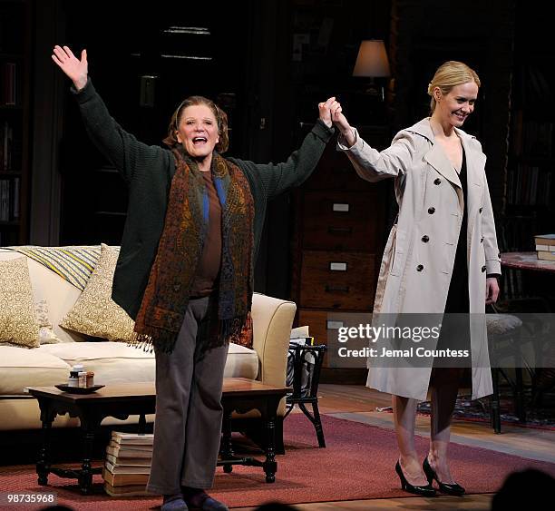 Actors Linda Lavin and Sarah Paulson take a bow during curtain call on the opening night of the Broadway play ''Collected Stories'' at the Samuel J....