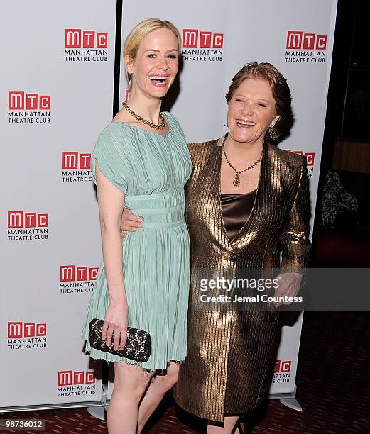 Actors Sarah Paulson and Linda Lavin attend the afterparty for the opening of "Collected Stories" at the Planet Hollywood Times Square on April 28,...
