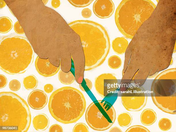 stockillustraties, clipart, cartoons en iconen met cutting oranges - citrusvrucht