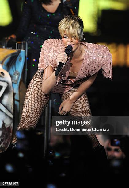 Singer Rihanna performs on stage at Palais Omnisports de Bercy on April 28, 2010 in Paris, France.