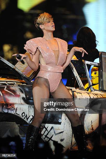 Singer Rihanna performs on stage at Palais Omnisports de Bercy on April 28, 2010 in Paris, France.