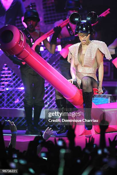 Singer Rihanna performs on stage at Palais Omnisports de Bercy on April 28, 2010 in Paris, France.