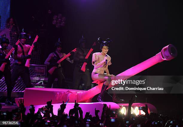 Singer Rihanna performs on stage at Palais Omnisports de Bercy on April 28, 2010 in Paris, France.