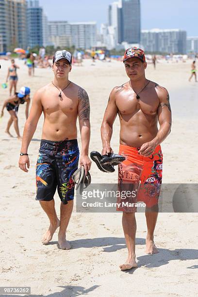 Vinny Guadagnio and Pauly D Delvecchio of the Jersey Shore are seen on April 28, 2010 in Miami Beach, Florida.