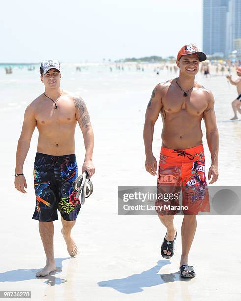 Vinny Guadagnio and Pauly D Delvecchio of the Jersey Shore are seen on April 28, 2010 in Miami Beach, Florida.