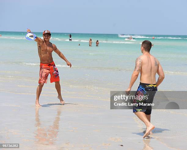 Vinny Guadagnio and Pauly D Delvecchio of the Jersey Shore are seen on April 28, 2010 in Miami Beach, Florida.