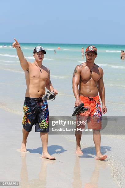 Vinny Guadagnio and Pauly D Delvecchio of the Jersey Shore are seen on April 28, 2010 in Miami Beach, Florida.