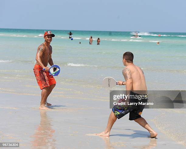 Vinny Guadagnio and Pauly D Delvecchio of the Jersey Shore are seen on April 28, 2010 in Miami Beach, Florida.