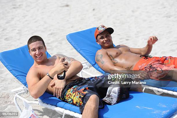 Vinny Guadagnio and Pauly D Delvecchio of the Jersey Shore are seen on April 28, 2010 in Miami Beach, Florida.