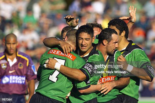 The Canberra Raiders celebrate a try by Brett Finch during the NRL match today between the Canberra Raiders and the Brisbane Broncos which finished...