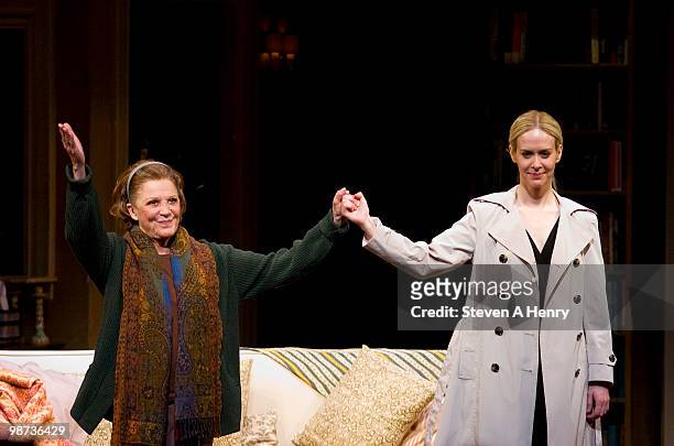 Actors Linda Lavin and Sarah Paulson pose on stage during the curtain call at the opening night of "Collected Stories" at the Samuel J. Friedman...