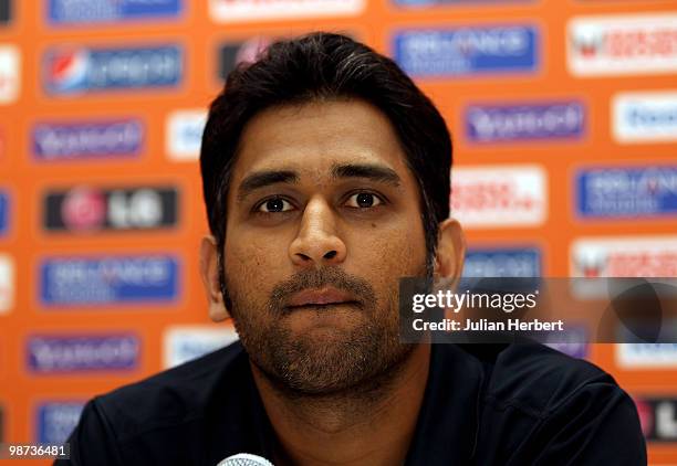 Mahendra Singh Dhoni, captain of The India T20 World Cup team, attends a press conference on April 28, 2010 in Gros Islet, Saint Lucia.