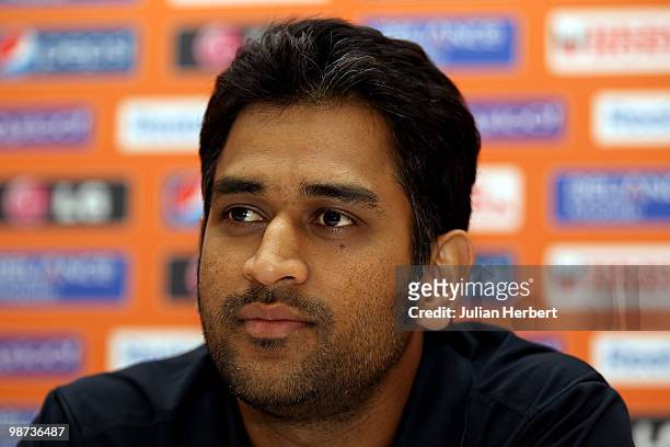 Mahendra Singh Dhoni, captain of The India T20 World Cup team, attends a press conference on April 28, 2010 in Gros Islet, Saint Lucia.