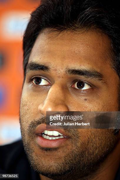 Mahendra Singh Dhoni, captain of The India T20 World Cup team, attends a press conference on April 28, 2010 in Gros Islet, Saint Lucia.