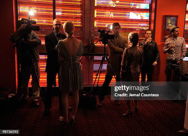 Actors Sarah Paulson and Linda Lavin speak with media during the afterparty for the opening of "Collected Stories" at the Planet Hollywood Times...