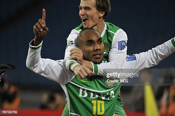 Erivaldo Valdo of Beijing Guoan celebrates a goal during the AFC Champions League Group E match between Beijing Guoan v Kawasaki Frontale at Beijing...