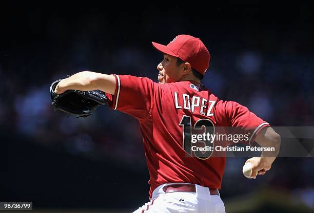 Starting pitcher Rodrigo Lopez of the Arizona Diamondbacks pitches against the Philadelphia Phillies during the Major League Baseball game at Chase...