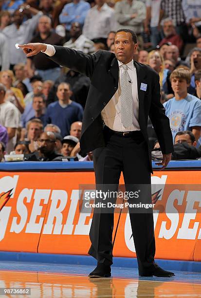 Interim head coach Adrian Dantley of the Denver Nuggets leads his team against the Utah Jazz in Game Five of the Western Conference Quarterfinals of...