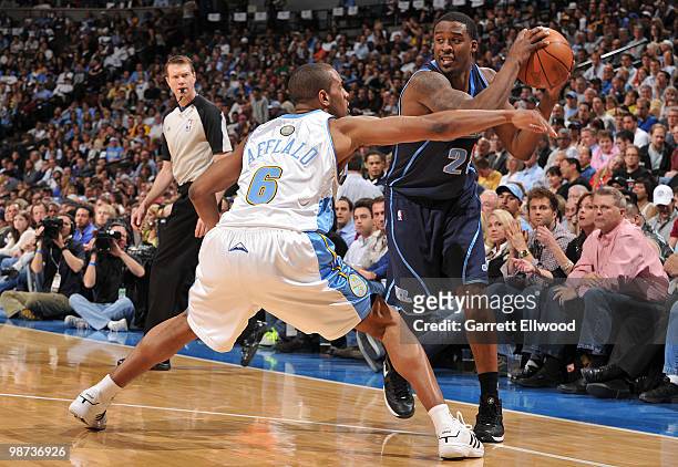 Wesley Mathews of the Utah Jazz goes to the basket against Aaron Afflalo of the Denver Nuggets in Game Five of the Western Conference Quarterfinals...