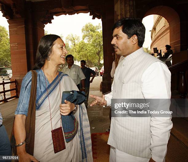 Politburo member Brinda Karat and BJP leader Shahnawaz Hussain at Parliament on Wednesday, April 28, 2010.