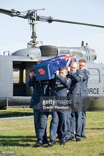 In this handout photo provided by Ohakea, Air Force Base, a casket of one of the three RNZAF personnel that were tragically lost in an Iroquois...