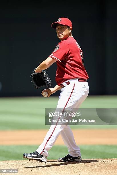 Starting pitcher Rodrigo Lopez of the Arizona Diamondbacks pitches against the Philadelphia Phillies during the Major League Baseball game at Chase...