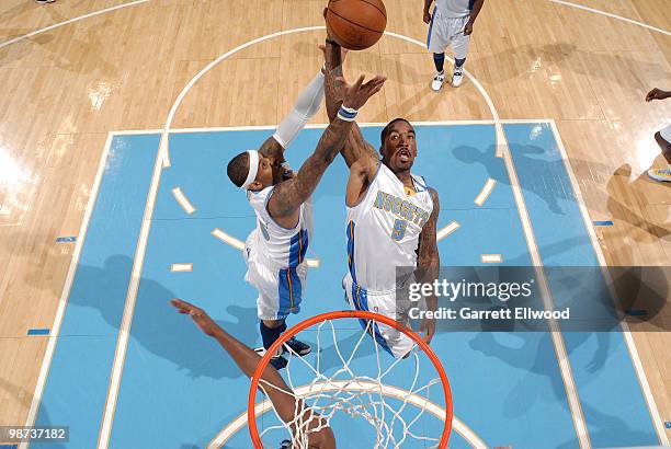 Smith and Carmelo Anthony of the Denver Nuggets go for a rebound against the Utah Jazz in Game Five of the Western Conference Quarterfinals during...