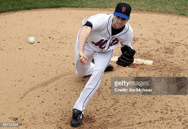 John Maine of the New York Mets pitches against the Los Angeles Dodgers on April 28, 2010 at Citi Field in the Flushing neighborhood of the Queens...
