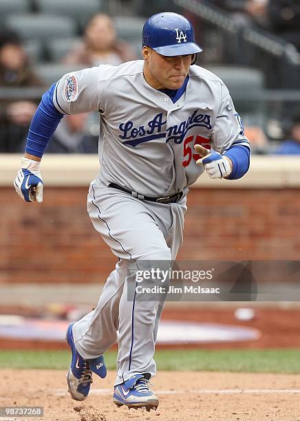 Russell Martin of the Los Angeles Dodgers runs against the New York Mets on April 28, 2010 at Citi Field in the Flushing neighborhood of the Queens...