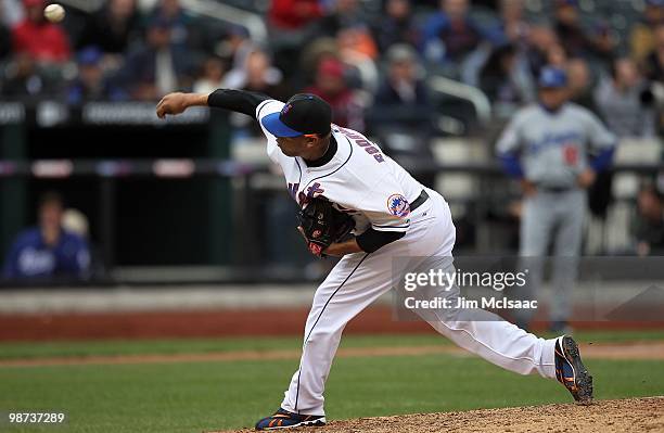 Francisco Rodriguez of the New York Mets pitches against the Los Angeles Dodgers on April 28, 2010 at Citi Field in the Flushing neighborhood of the...