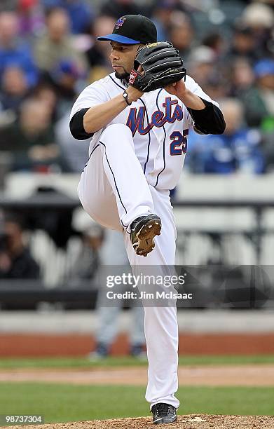 Pedro Feliciano of the New York Mets pitches against the Los Angeles Dodgers on April 28, 2010 at Citi Field in the Flushing neighborhood of the...
