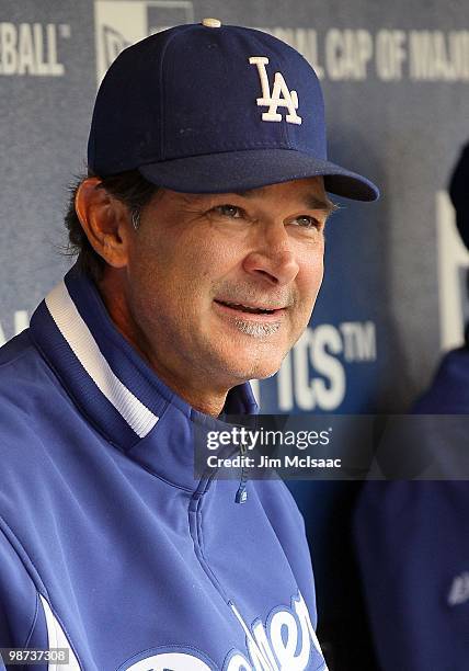 Hitting coach Don Mattingly of the Los Angeles Dodgers looks on before their game against the New York Mets on April 28, 2010 at Citi Field in the...