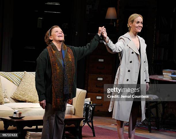 Actors Linda Lavin and Sarah Paulson take a bow during curtain call on the opening night of the Broadway play "Collected Stories" at the Samuel J....