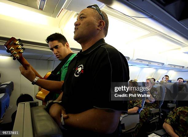 Andre Taikato and Mark Pirikahu of the Defence Force Maori Cultural Group lead a Waiata to remember the three Iroquois Air Crewman killed on ANZAC...