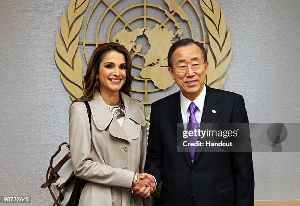 In this handout image provided by the Jordan Royal Household, Queen Rania of Jordan meets with UN Secretary General Ban Ki Moon at United Nations...