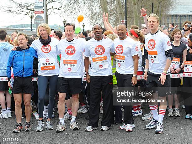Eddie Izzard, Jodie Kidd, David Cameron, Winston Squire and Colin Jackson take part in the Sainsbury's Sport Relief London Mile on March 21, 2010 in...