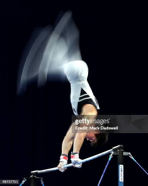 David Bishop of New Zealand competes on the high bar during day one of the 2010 Pacific Rim Championships at Hisense Arena on April 29, 2010 in...