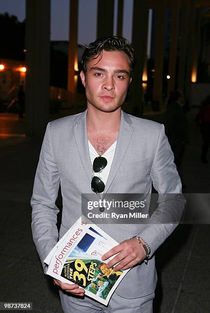 Actor Ed Westwick poses during the arrivals for the opening night performance of "Alfred Hitchcock's The 39 Steps" at the Center Theatre...