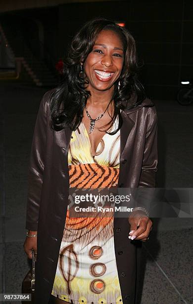 Actress Dawnn Lewis poses during the arrivals for the opening night performance of "Alfred Hitchcock's The 39 Steps" at the Center Theatre...