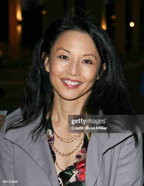 Actress Tamlyn Tomita poses during the arrivals for the opening night performance of "Alfred Hitchcock's The 39 Steps" at the Center Theatre...
