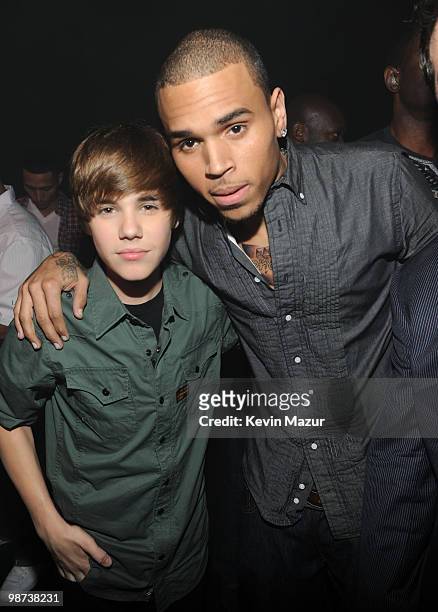 Justin Bieber and Chris Brown pose backstage at the BET-SOS Saving Ourselves Help for Haiti Benefit Concert at AmericanAirlines Arena on February 5,...