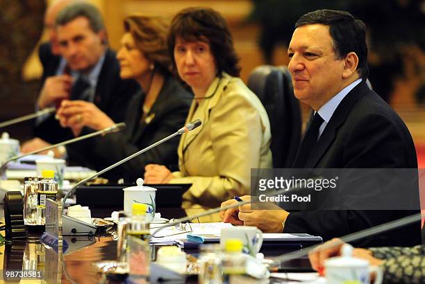 European Commission President Jose Manuel Barroso speaks during a meeting with Chinese Premier Wen Jiabao at the Great Hall of the People on April...
