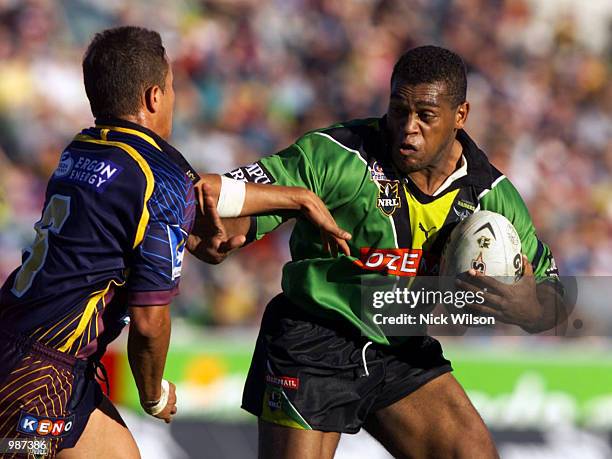 Ken Nagas of the Raiders charges though the Brisbane defence during the NRL match today between the Canberra Raiders and the Brisbane Broncos which...